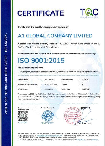 Ngày 14/08/2024 công ty TNHH A1 Global đã chính thức đón nhận chứng chỉ ISO 9001:2015.